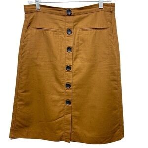 Ann Taylor Brown British Tan Faux Button-Up Midi Skirt Side Zip Linen Co…